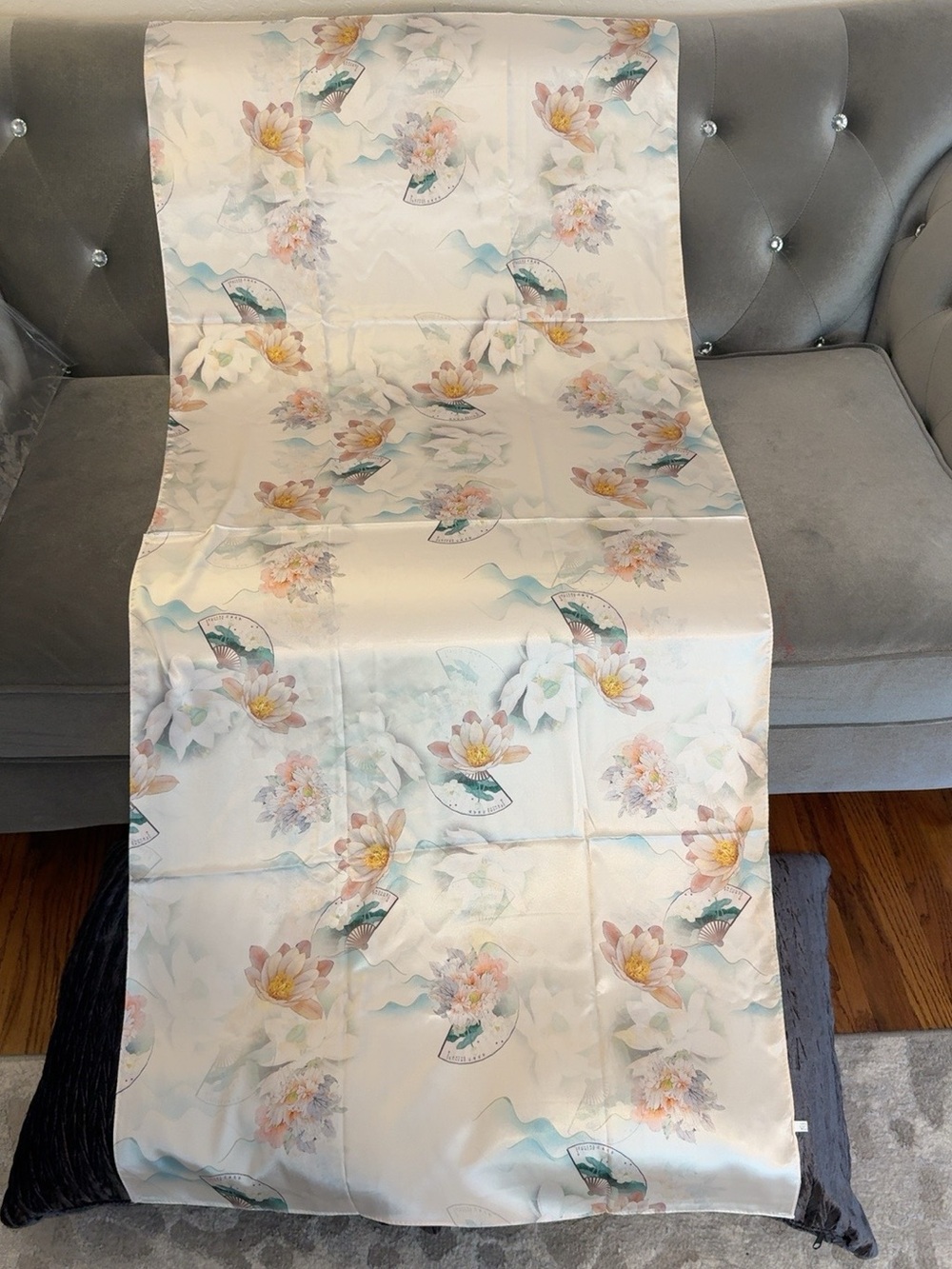 100% Silk Floral Scarf Shawl Wrap Ivory Pastel 28” x 62”